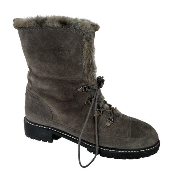 Stuart Weitzman Designer Gray Suede Faux Fur Lined Boots 7.5 Combat Mark on Toe - Picture 2 of 12